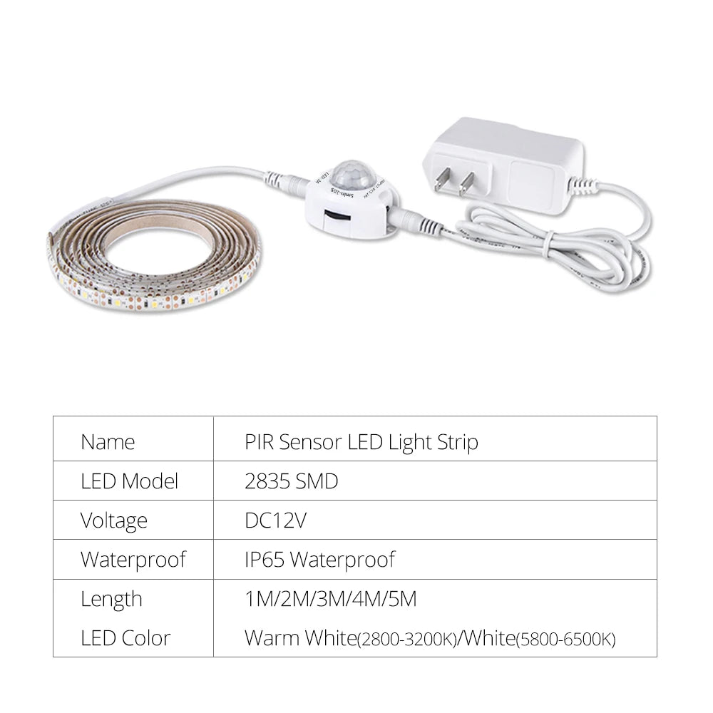 1-5m PIR Motion Sensor LED Strip Lights IP65 Waterproof DC