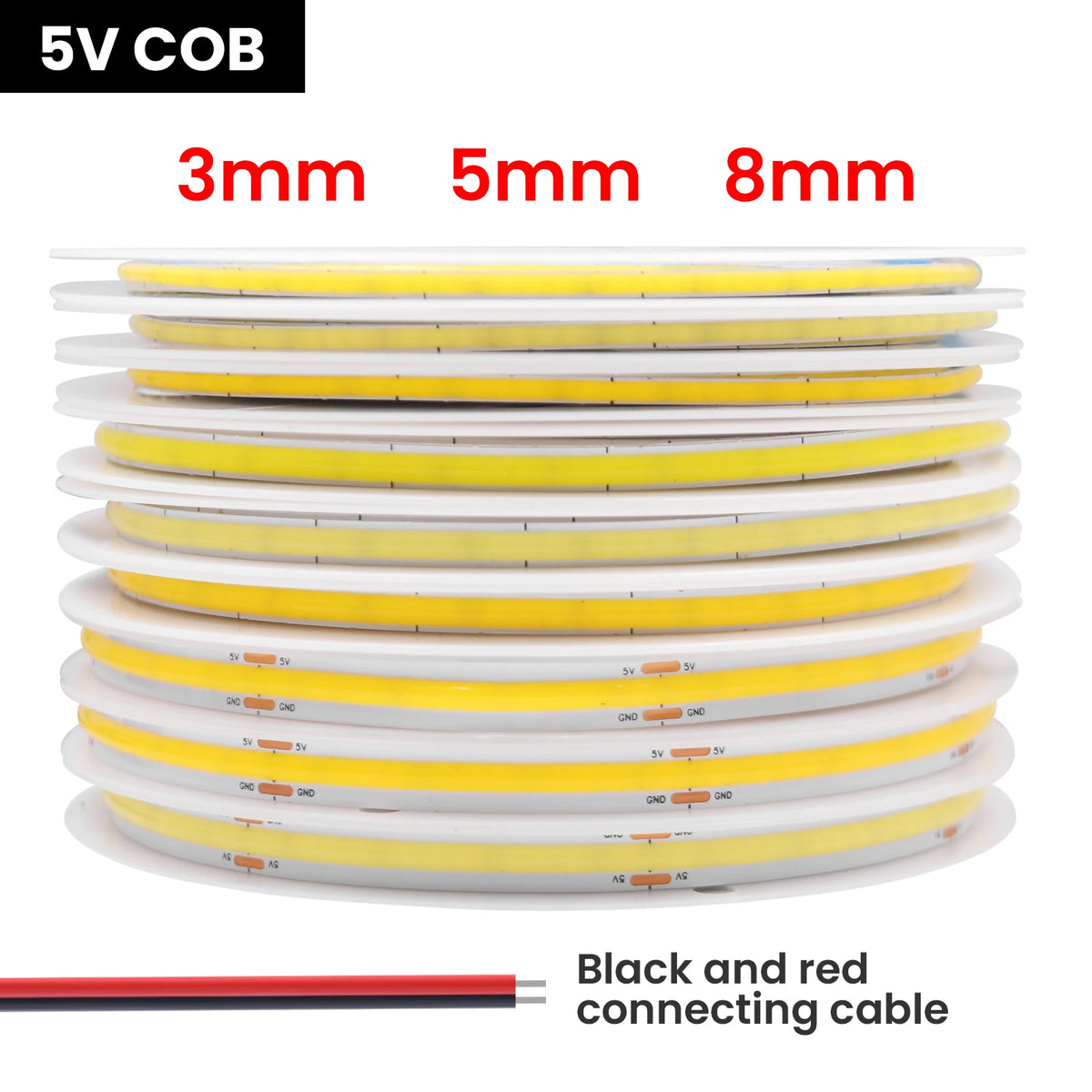 3mm 5mm 8mm COB LED Strip Light 5V 12V 320LEDs/m High Density