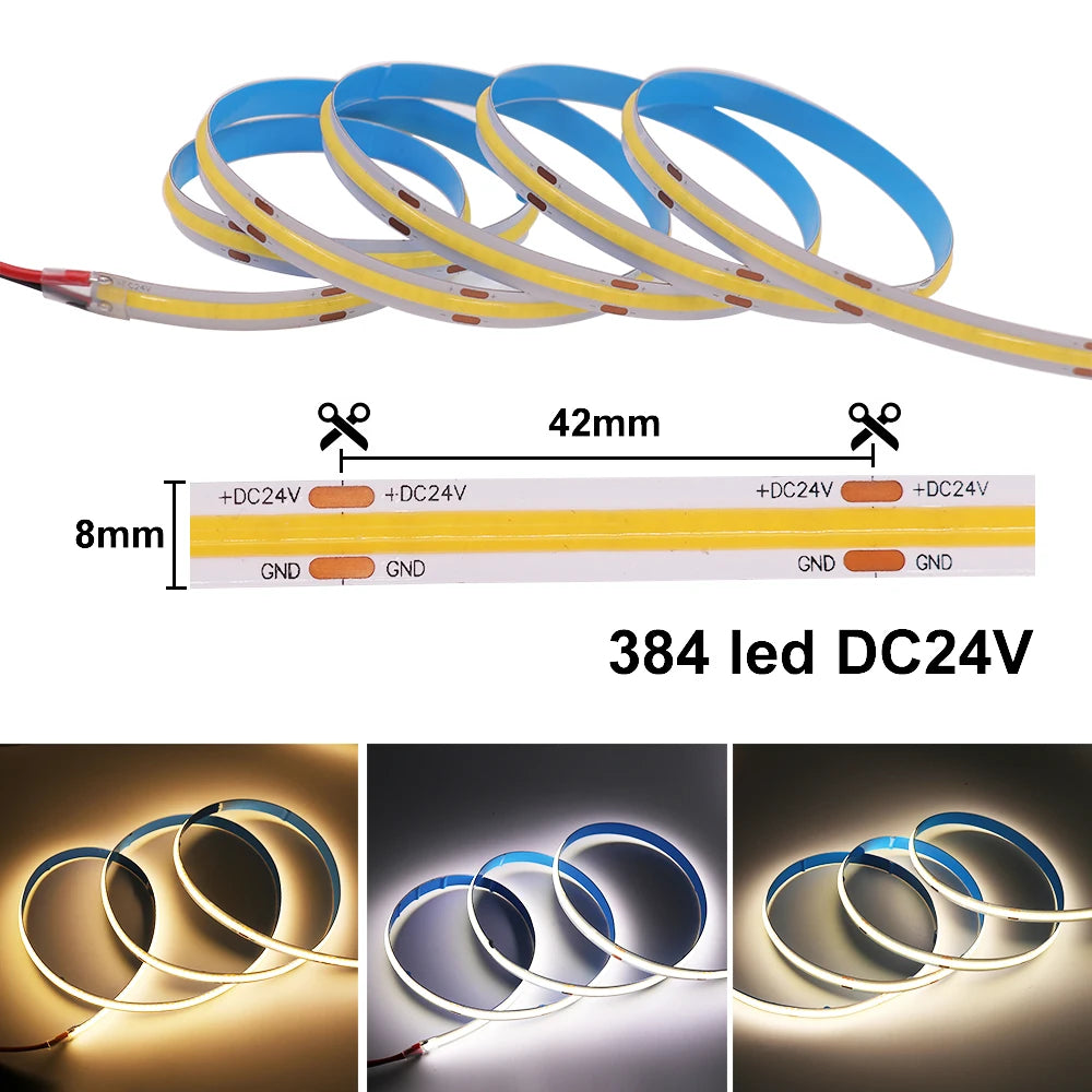 DC 5V 12V 24V COB LED Strip 320 384 480 528LEDs/m High Density