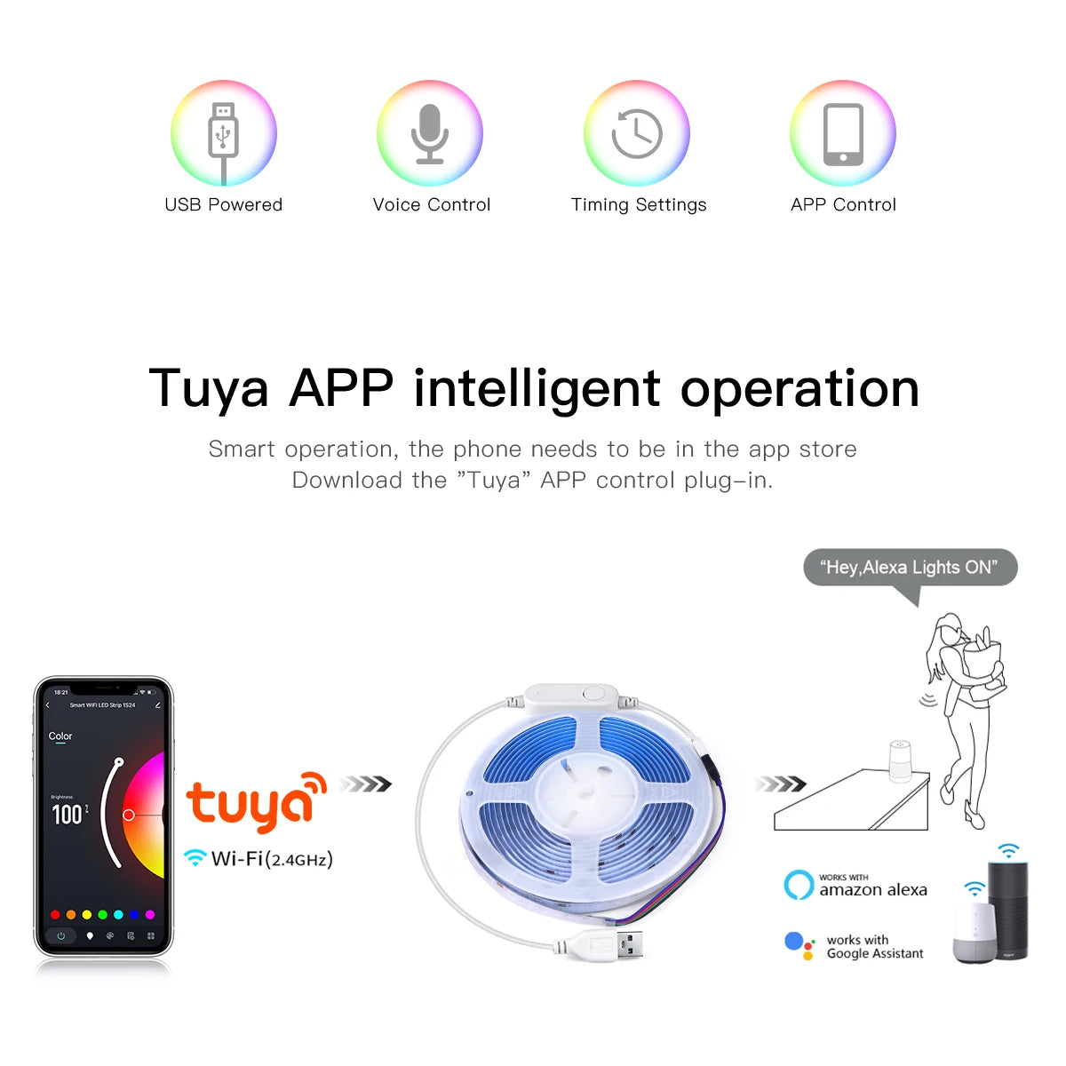 WIFI Alexa Control RGB COB LED Strip DC 5V USB Tuya APP