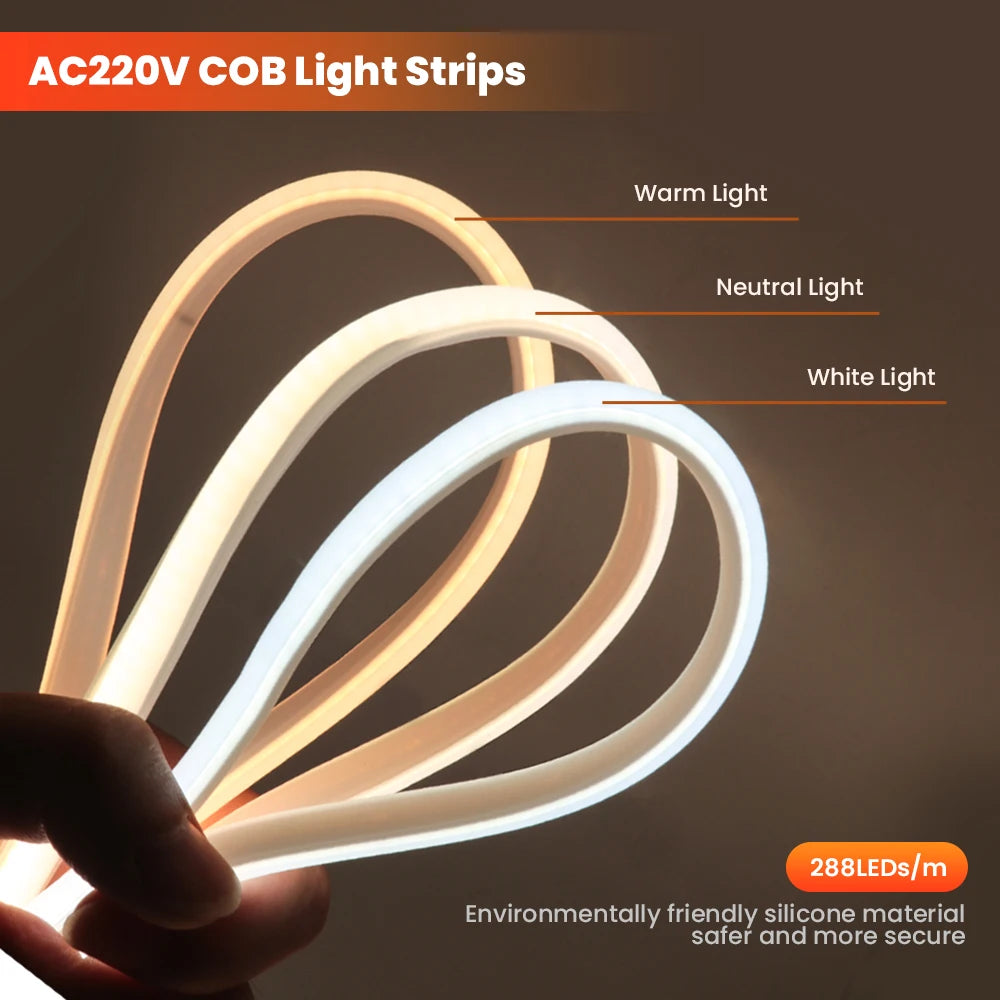 1/35M High Bright COB LED Strip Light 220V 288Leds Neon Strip