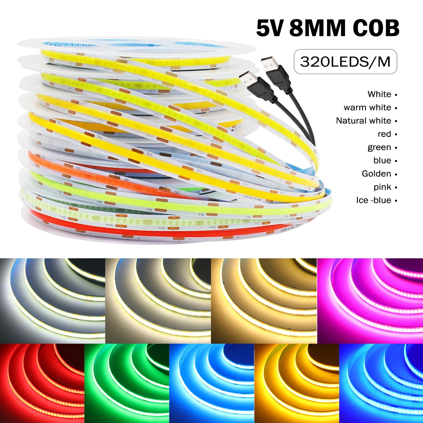 5V COB LED Strip High Density 320LEDs/m USB LED Light
