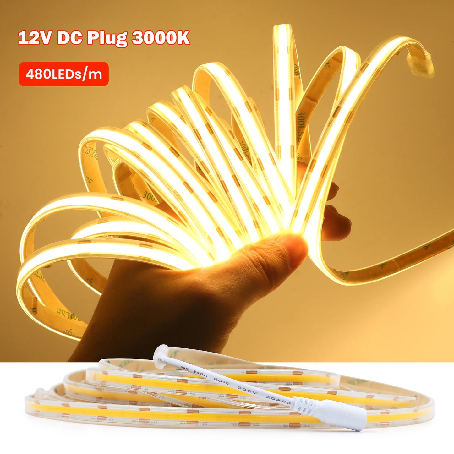 IP67 Waterproof 12/24V COB LED Strip Light 480LED/m Dimmable