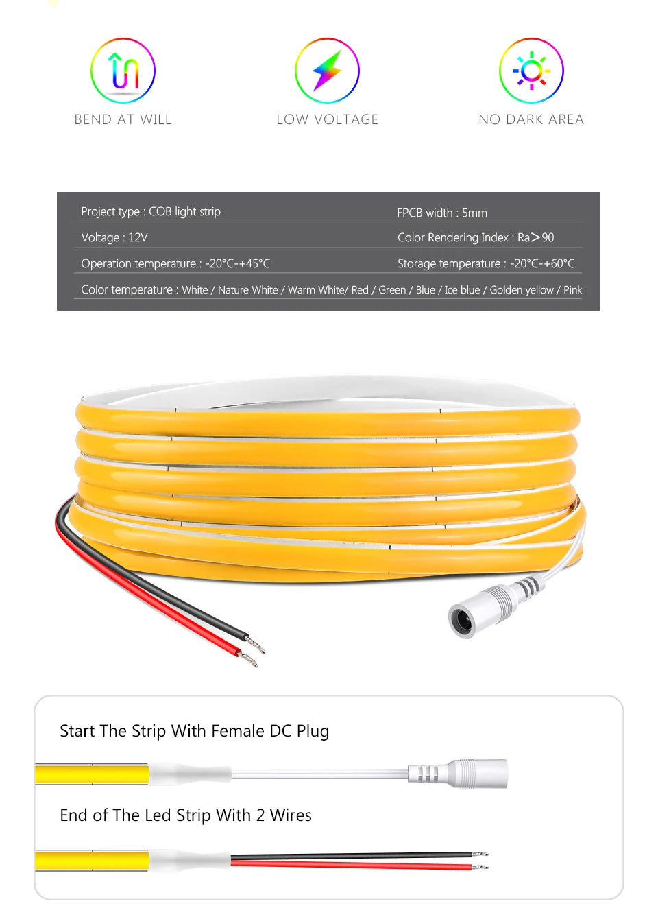 Ultra Bright FCOB COB LED Strip Lights 12V Flexible 5MM PCB