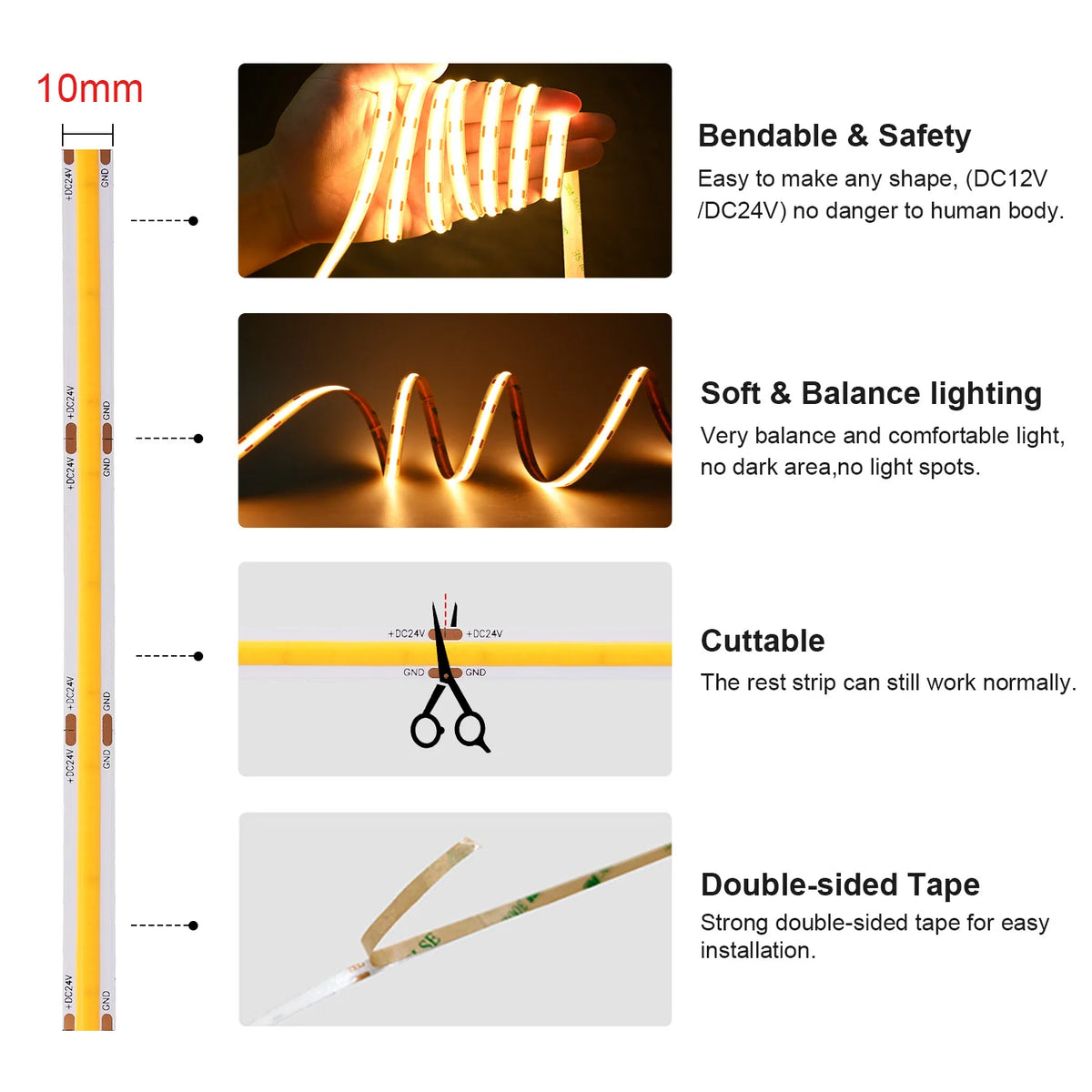 Dimmable 24V 12V COB LED Strip Light 528LEDs/m High Density Flexible LED Ribbon Tape
