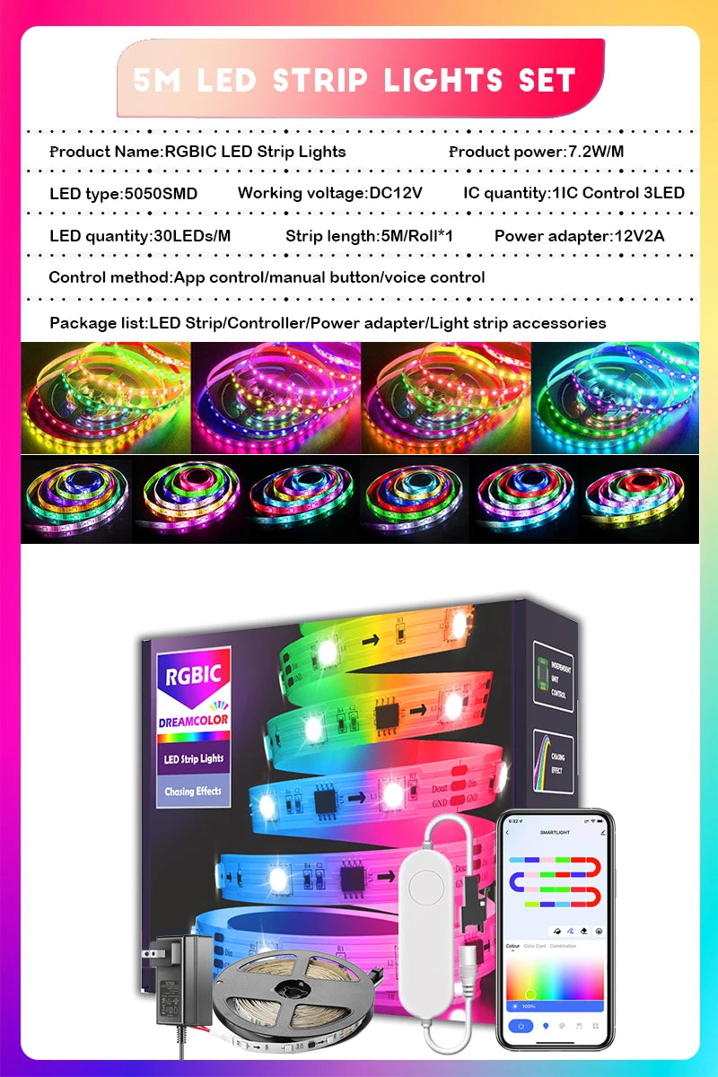 65.5ft/20m TUYA WS2811 TUYA DreamColor LED Strip Lights RGBIC