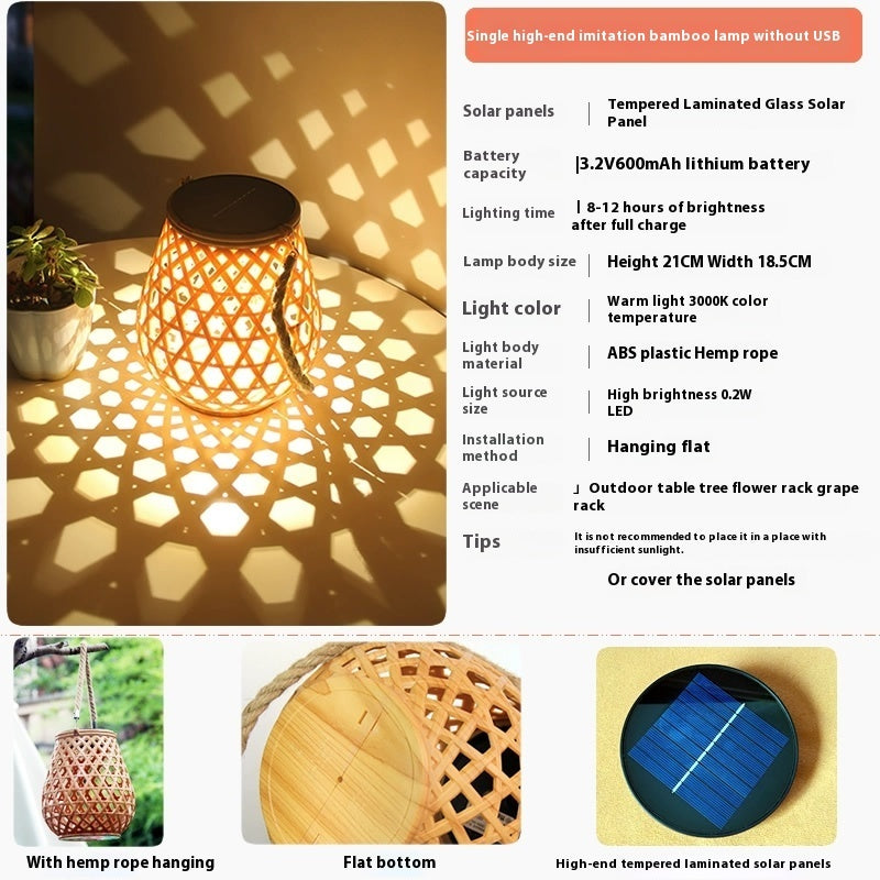 Outdoor Solar Lantern Lights Hanging Imitation Bamboo Weaving Hollowed