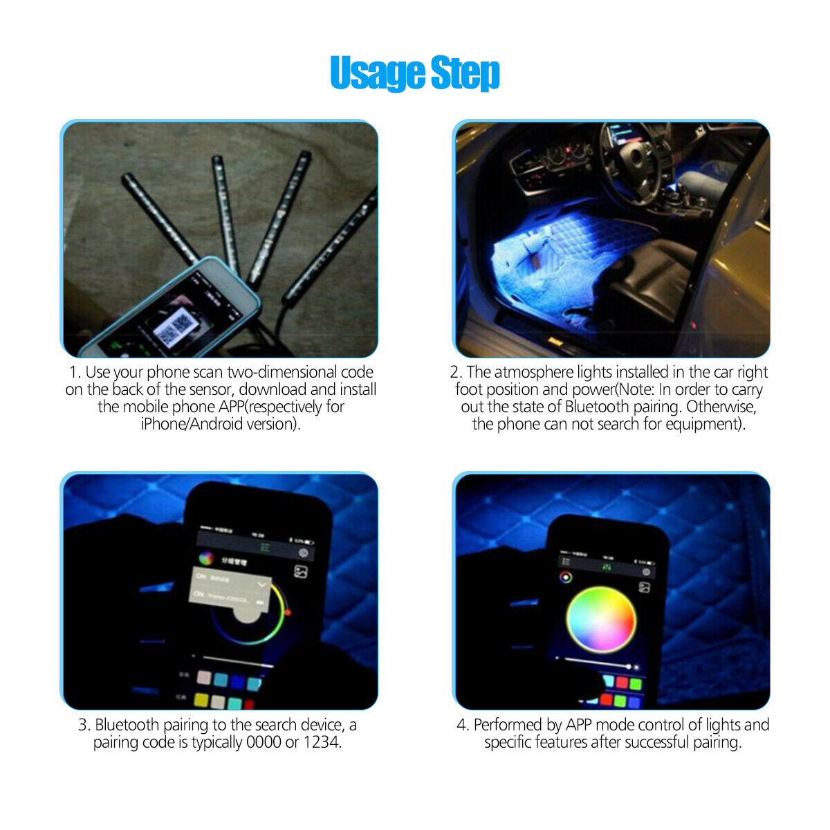 Auto LED RGB Interior Atmosphere Strip Light Decorative Foot Lamp