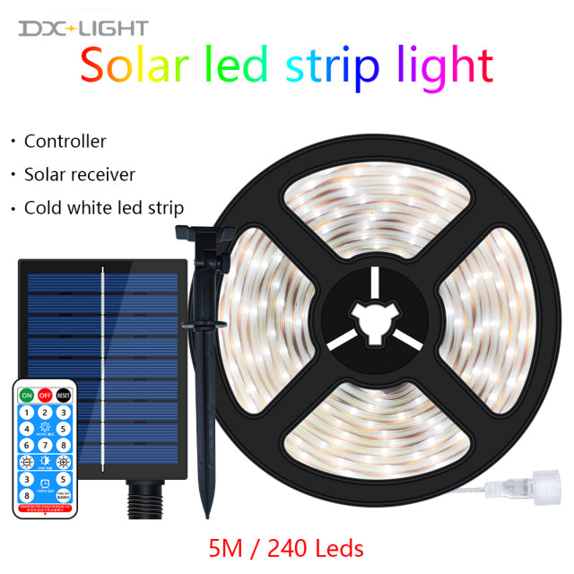 Solar Powered LED Strip Light Outdoor RGB Flexible Lighting Ribbon