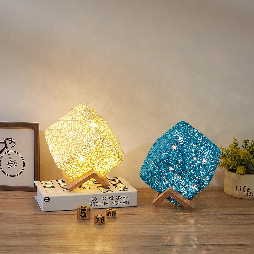 Hand-Knit Dimmable Square LED Desk Lights Wood Rattan Twine