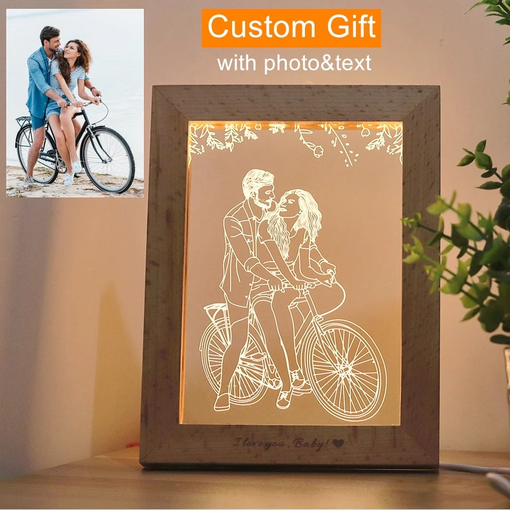 3D LED Photo & Text Custom Table Lamp Wood Photo Frame