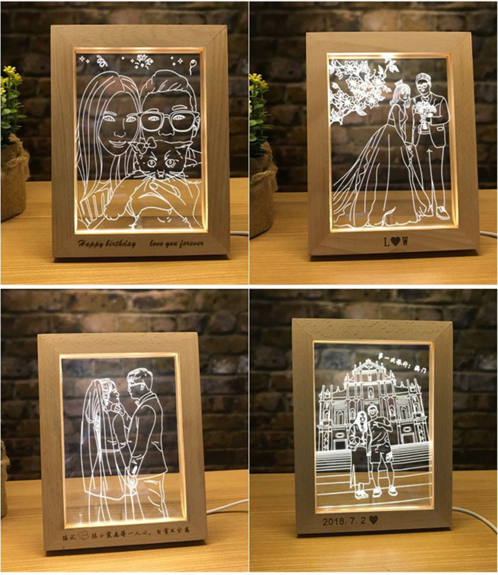 3D LED Photo & Text Custom Table Lamp Wood Photo Frame