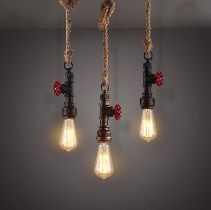 Water Pipe Hemp Rope Decoration Wrought Iron Retro Industrial Wind Hanging Lamps