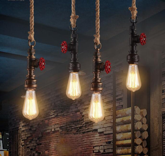Water Pipe Hemp Rope Decoration Wrought Iron Retro Industrial Wind Hanging Lamps
