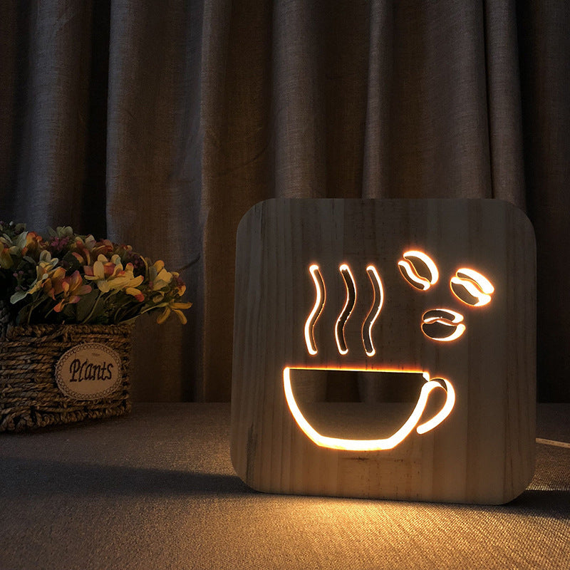 Solid Wood Hollow 3D Small Night Lamp Creative