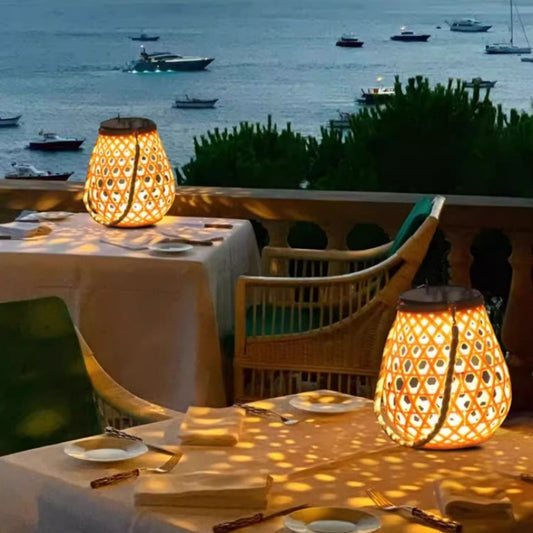 Outdoor Solar Lantern Lights Hanging Imitation Bamboo Weaving Hollowed
