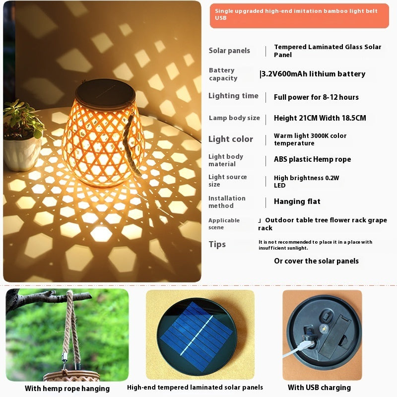 Outdoor Solar Lantern Lights Hanging Imitation Bamboo Weaving Hollowed