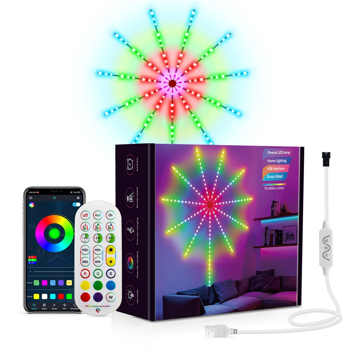 Led Fireworks Decorative Lights With App Music 5v Running Water