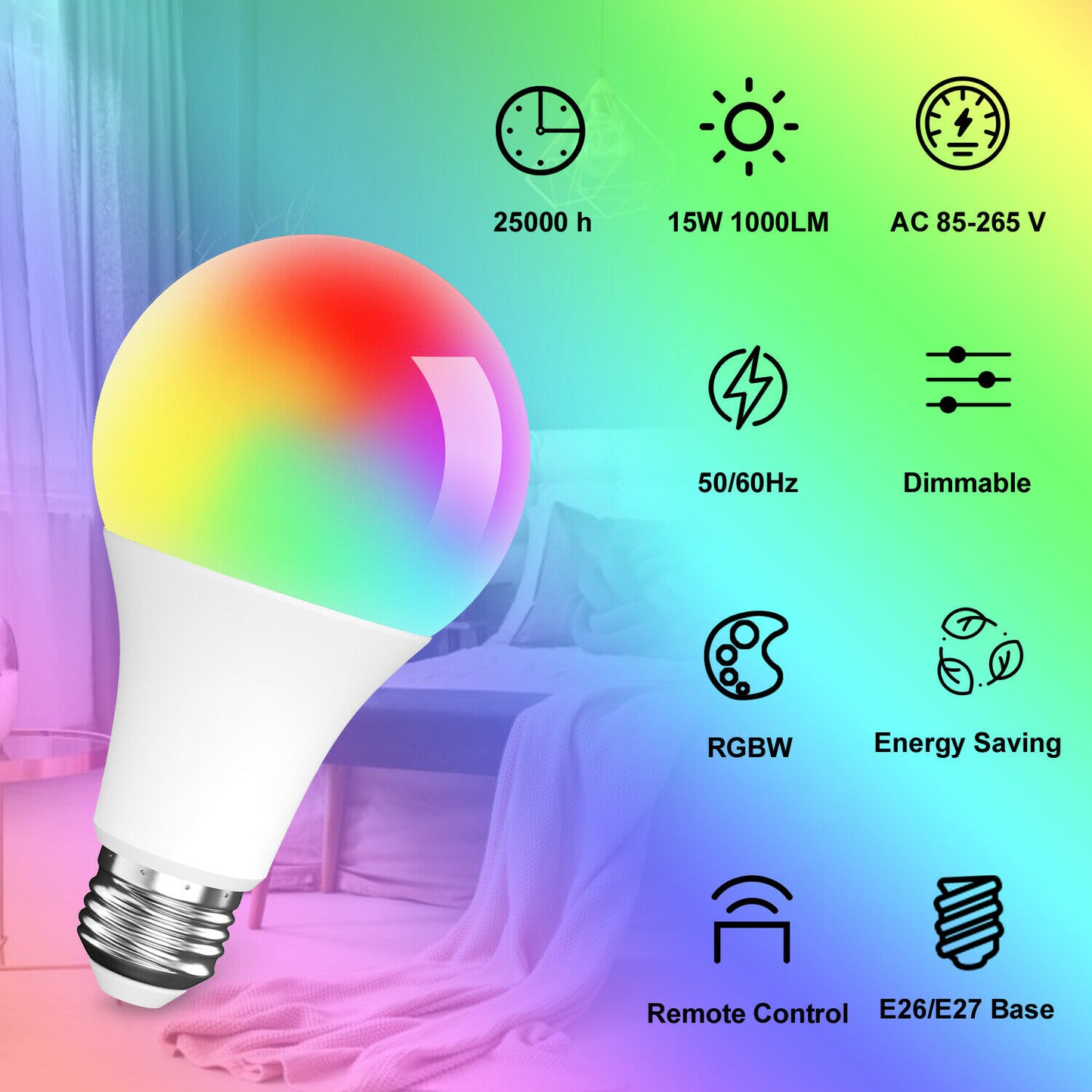 LED Light Bulb 15W RGB Smart Wireless Remote Dimmable Lamp Color