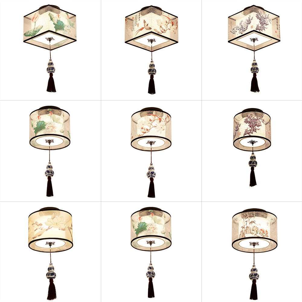 Chinese Round Square Ceiling Lights Fixtures Fabric