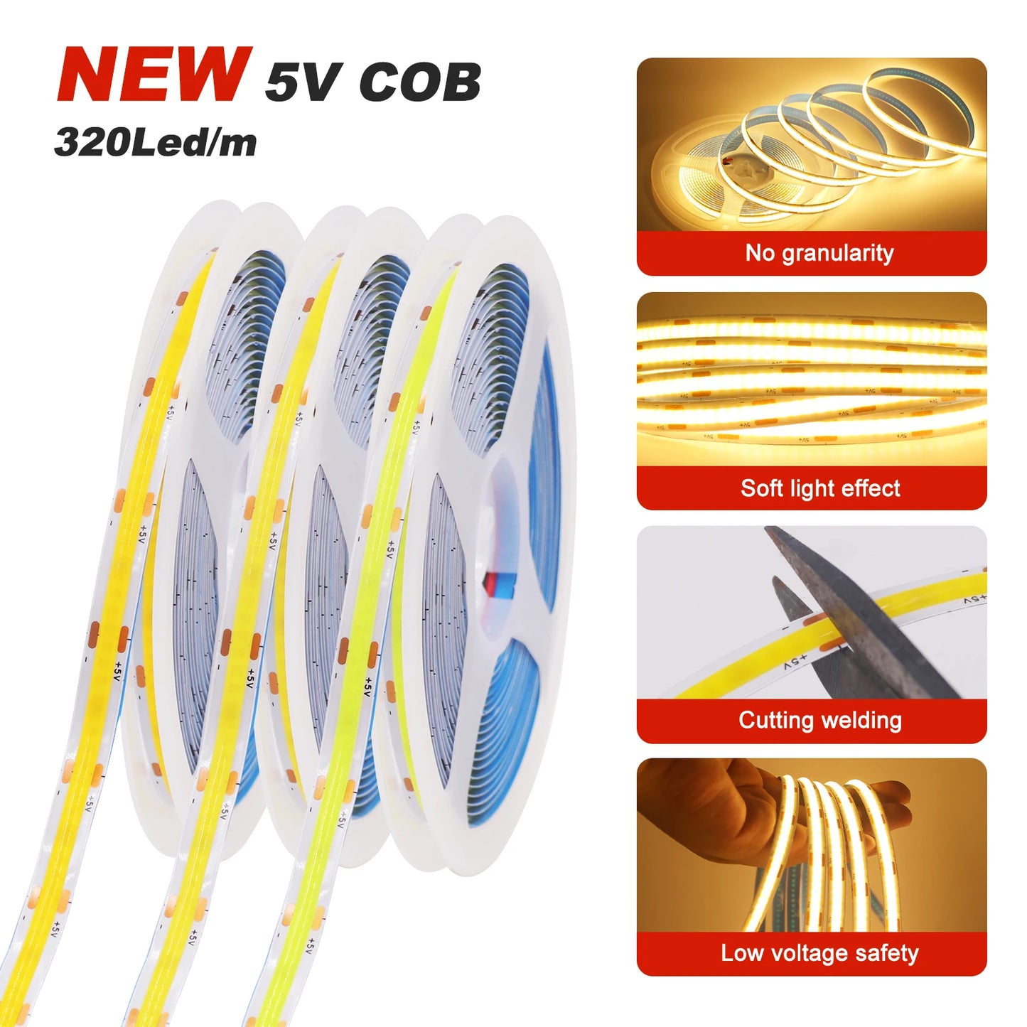 3AA Battery Power COB LED Strip Light 5V 320LEDs