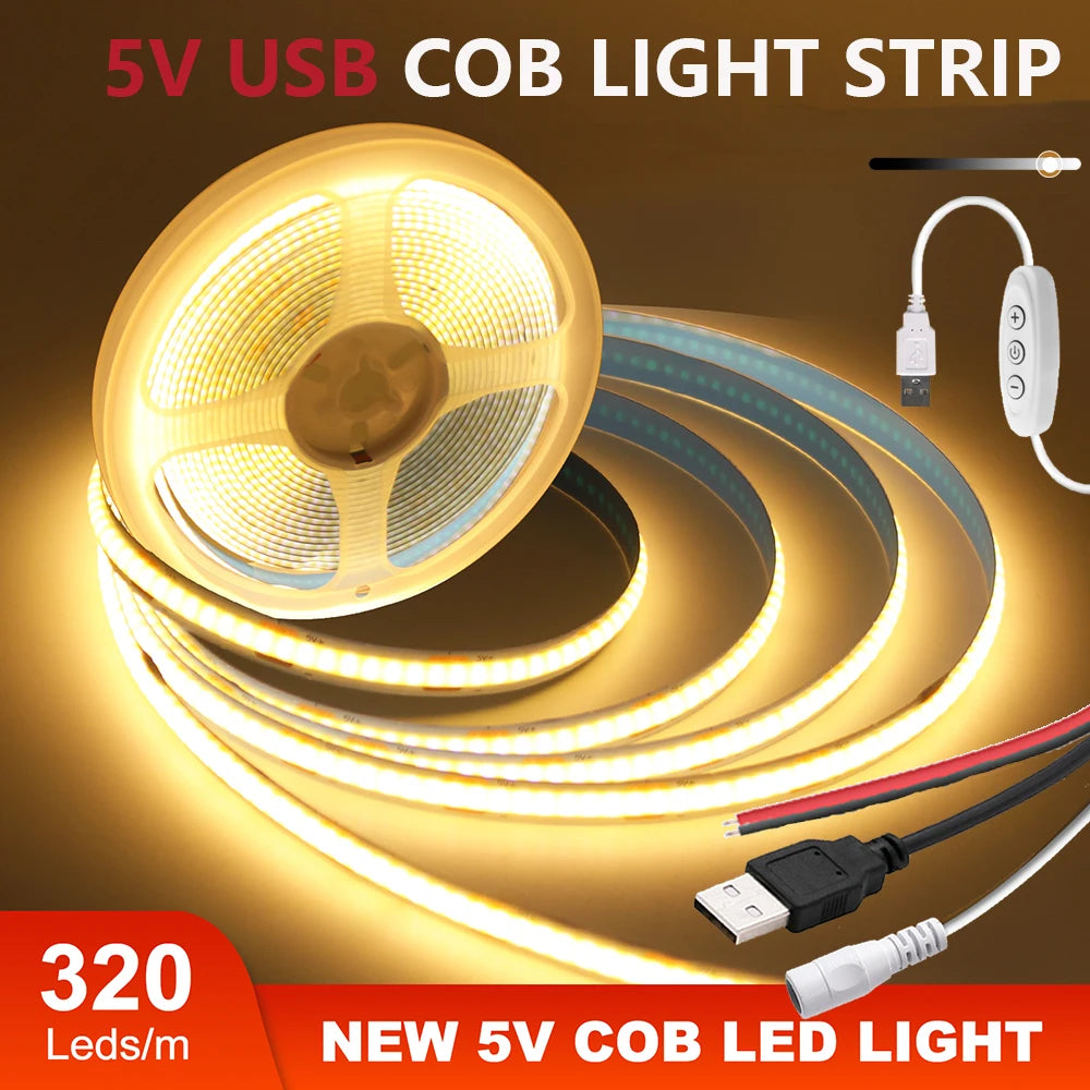 5V USB COB LED Strip Light 3Keys Touch Dimmable ON/OFF Switch