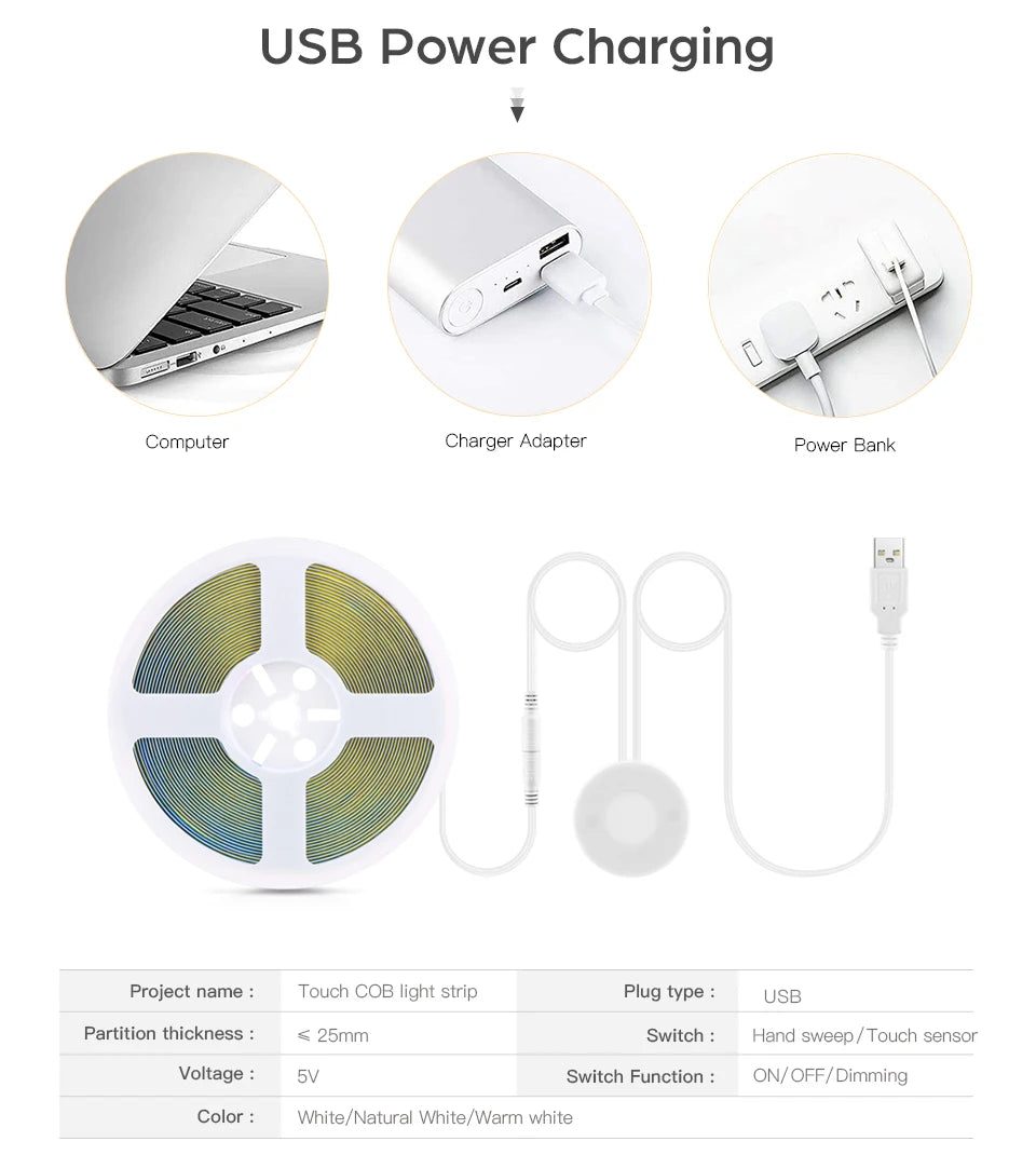 Super Bright USB COB LED Strip Light 320leds/m DC 5V