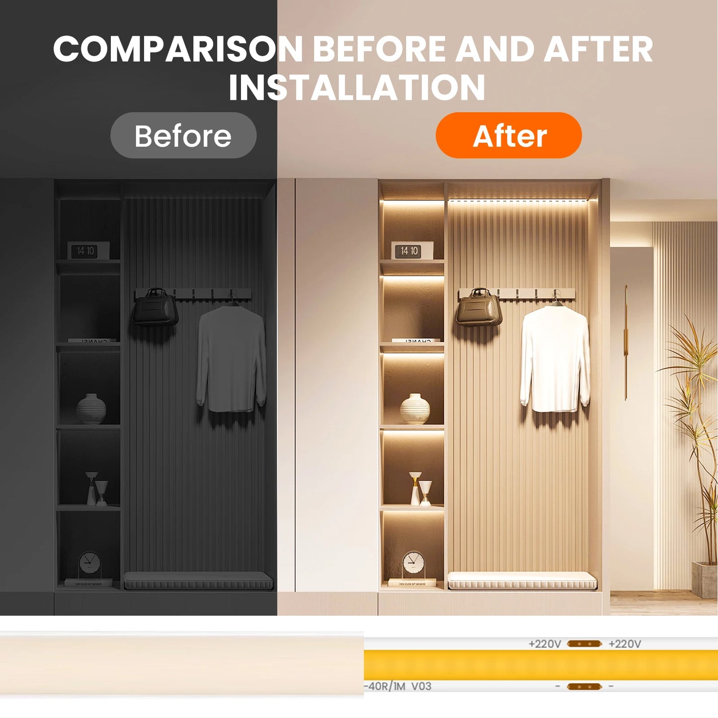 AC 220V Waterproof COB LED Strip Light With EU Switch Plug