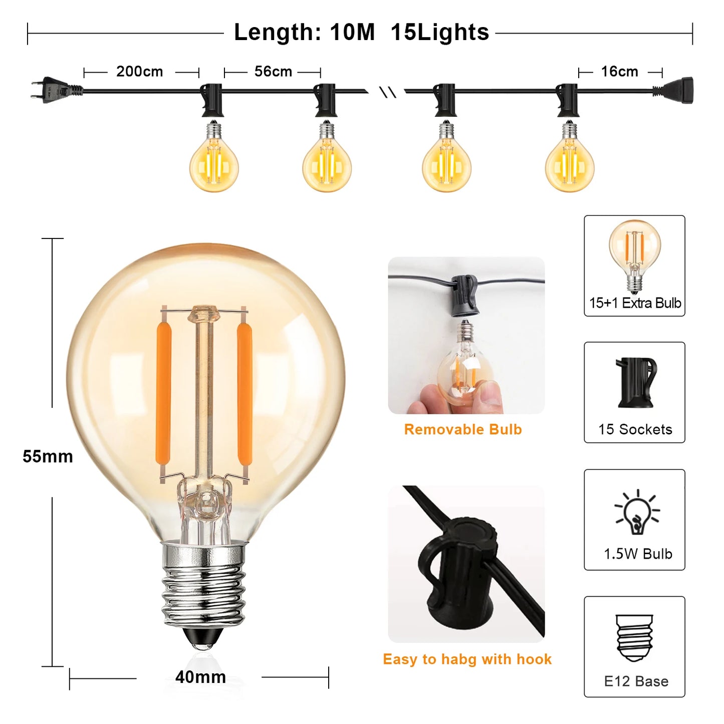 G40 Decoration Outdoor LED String Lights Amber Glass Bulb