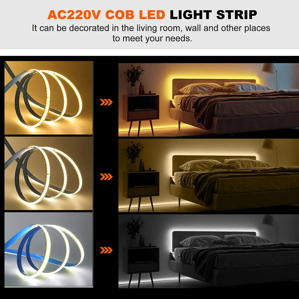 220V 110V COB LED 5m 10m 20m 50m Strip Light 2pin Power Kit