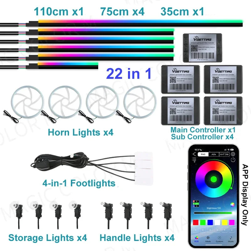 22 In 1 Car Ambient Lights RGB 64 Color Universal LED Strip