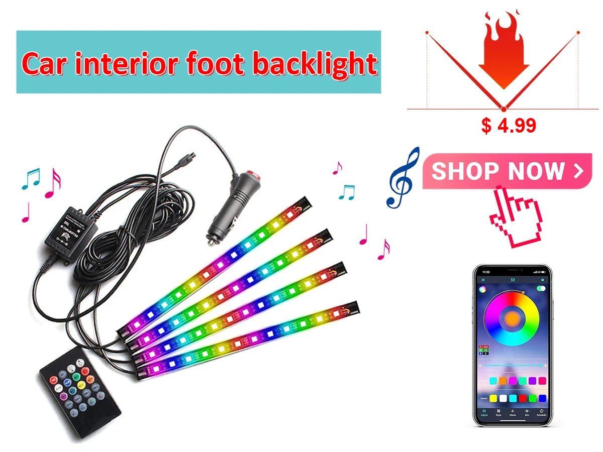 LED Car Interior Ambient Strip Lights RGB Fiber Optic Atmosphere