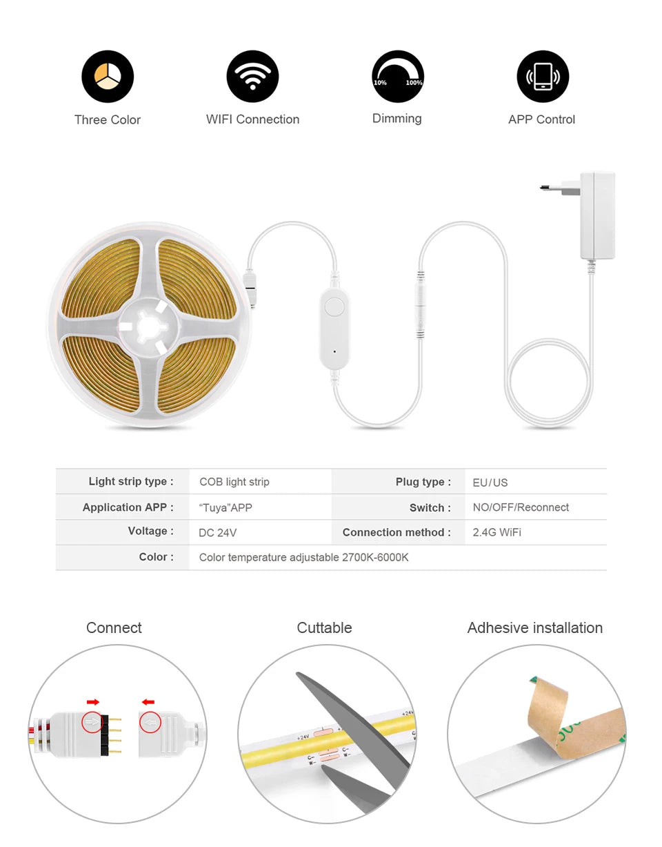 608LEDs/M CCT Wifi COB LED Strips Dual White room decor