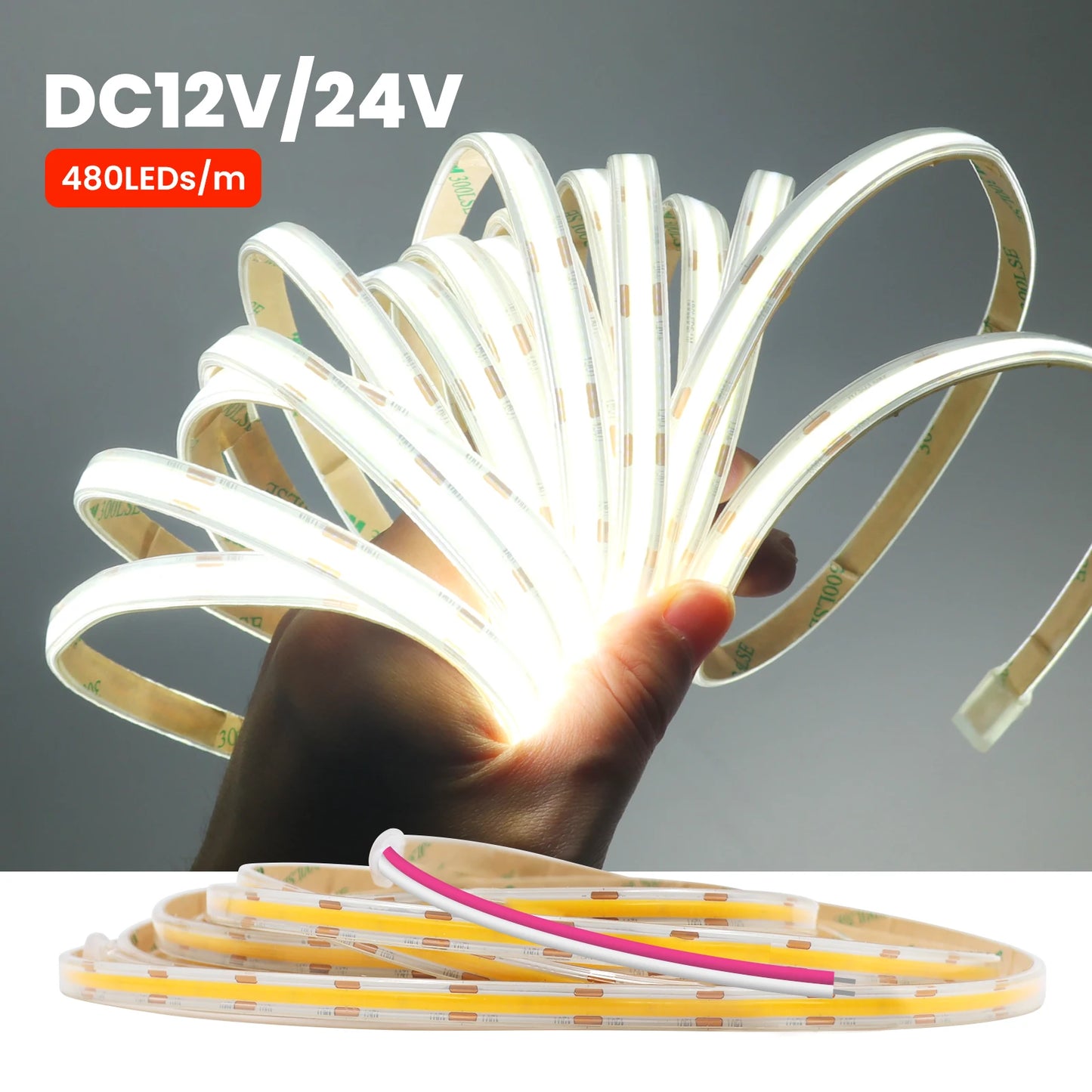IP68 Waterproof COB LED Strip Lights 12V 24V 480Leds Diode Tape