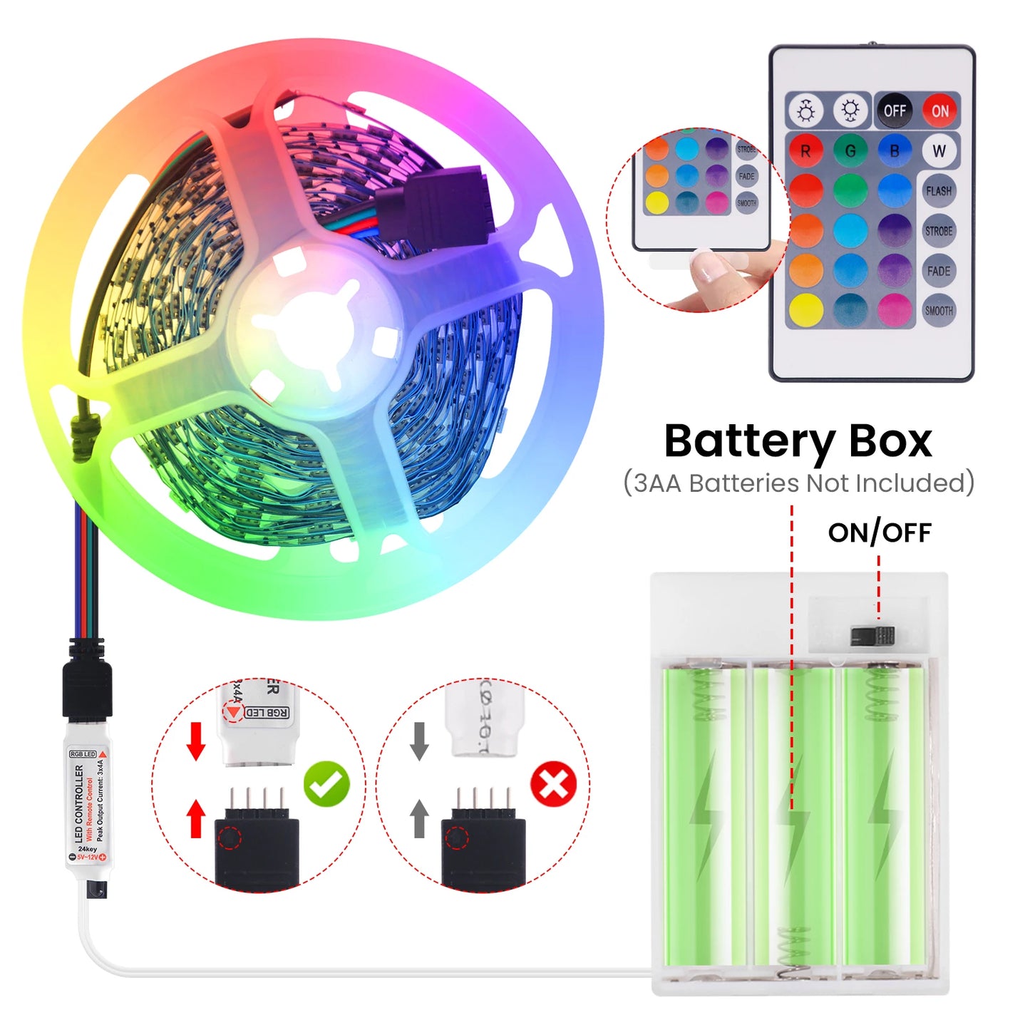 3AA Battery Power RGB Led Strip Light 5V 5050 with 3/17/24 Key