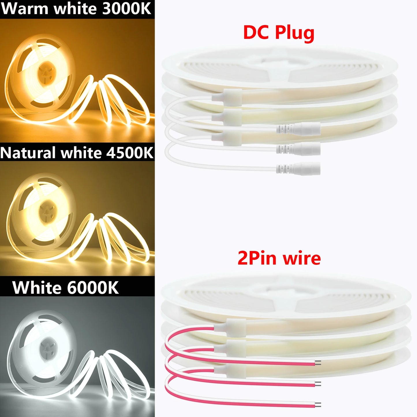 12V 24V COB LED Tape Flexible DC Plug/2Pin Wire Strip Light