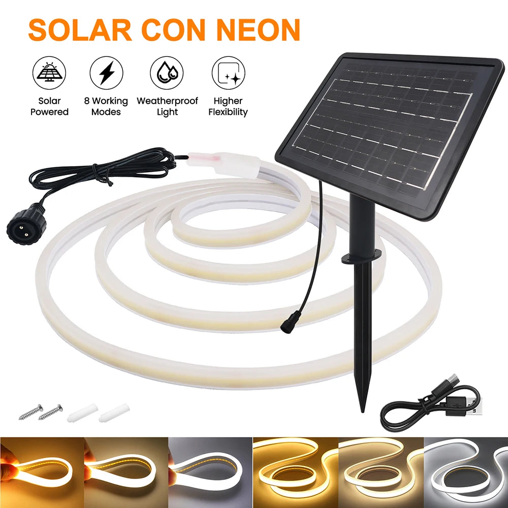 LED Neon Light Strip Solar 24V Waterproof 8 Modes 320LED