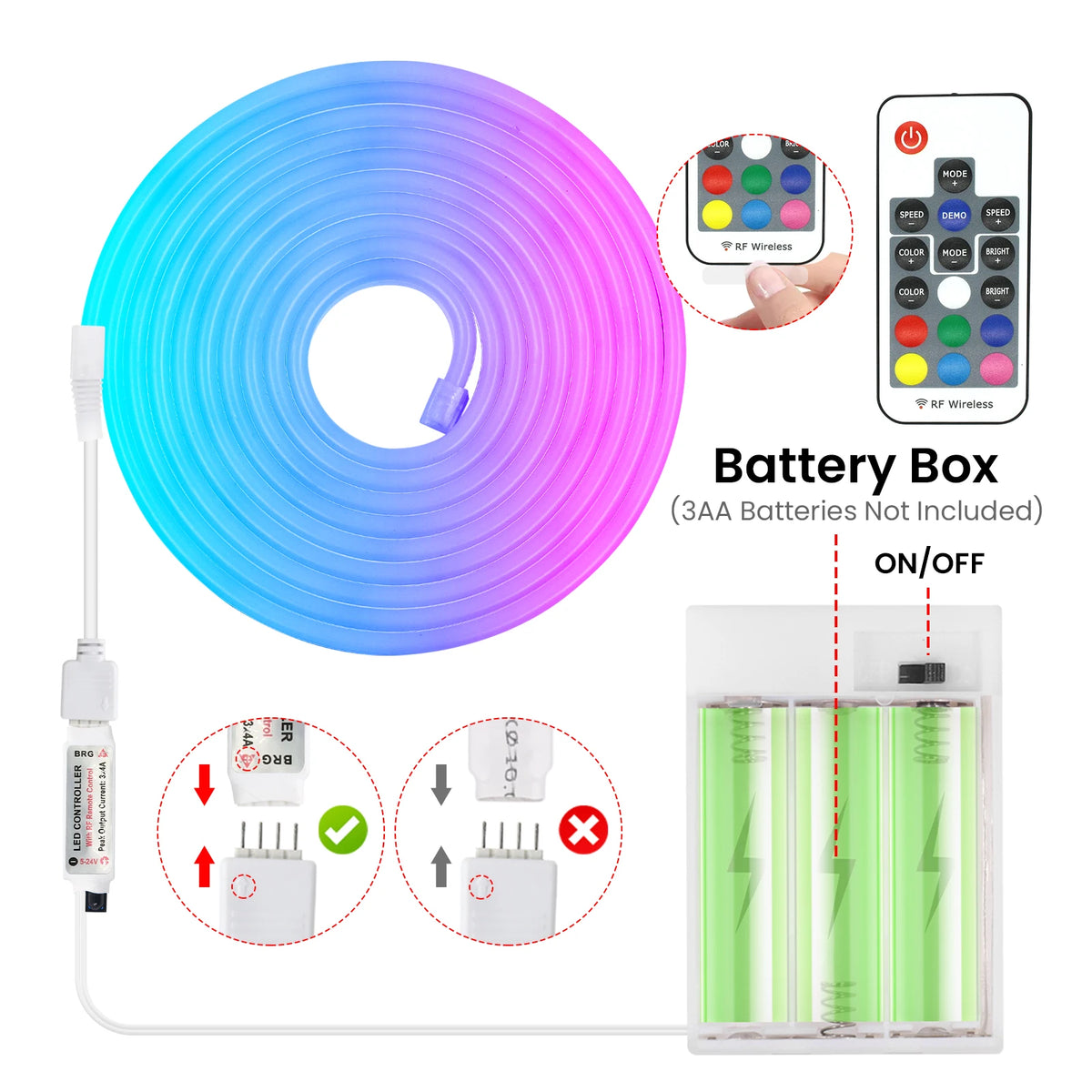 3AA Battery Powered 5V RGB Color-changing LED Neon Strip Light