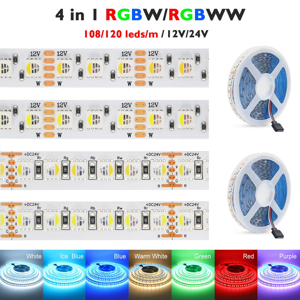 RGBW RGBWW LED Strip DC 12V 24V 4 Colors In 1 Chip Rope Light