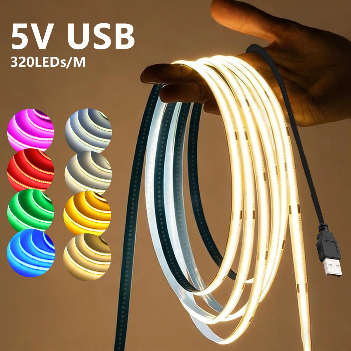 5V USB COB LED Strip Light 320LEDs Ribbon Tape Linear Lighting