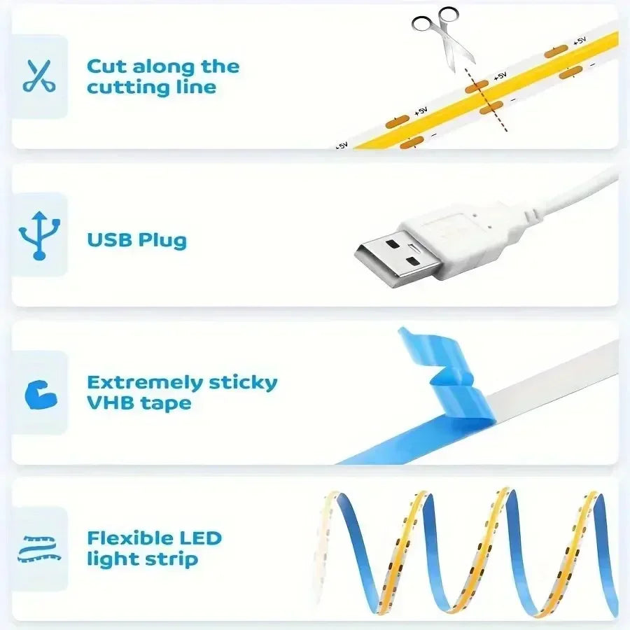 Flexible COB LED Lights Strip with Button Switch USB High Brightness