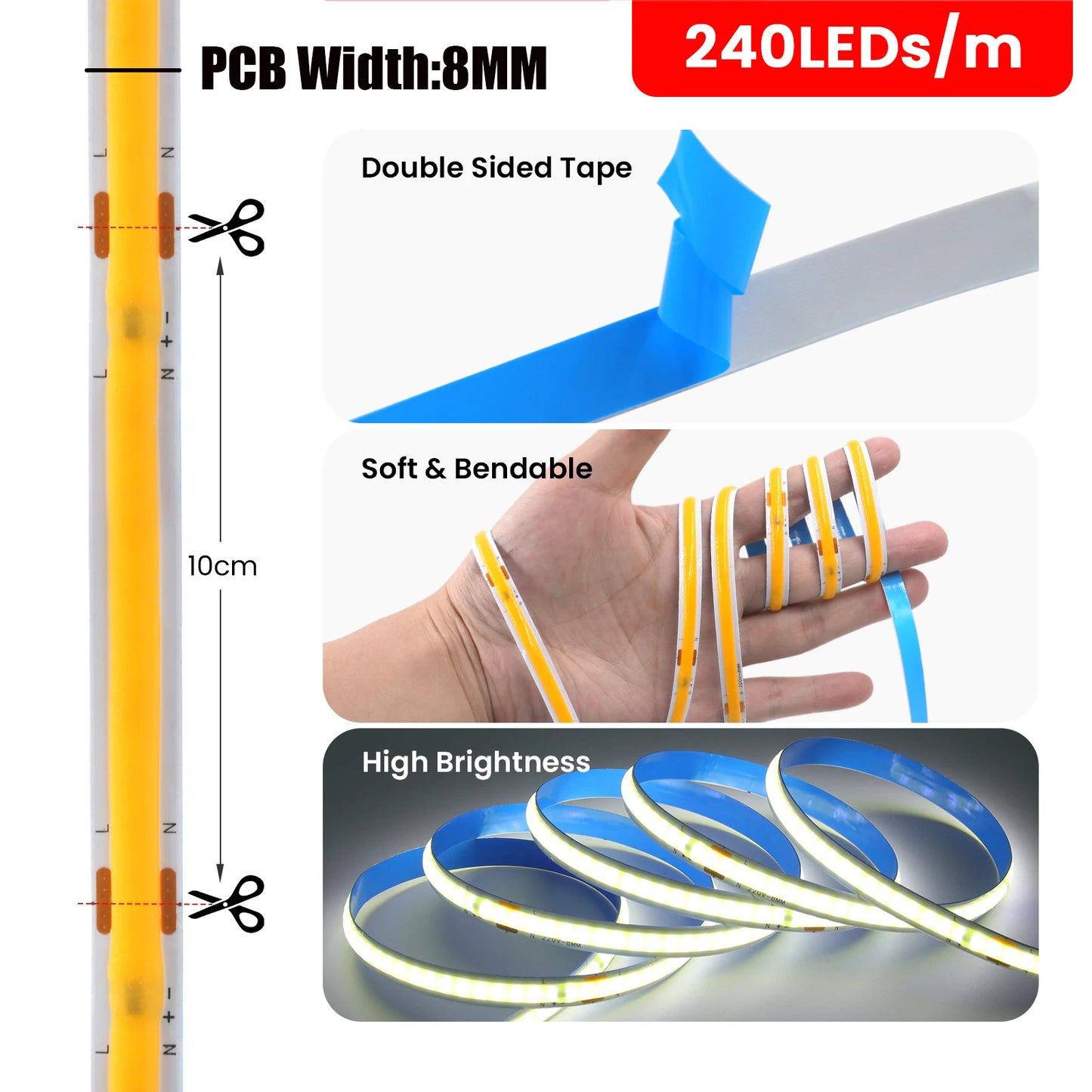 AC 110V 220V COB Strip PCB 8MM 240Leds For Home Decor