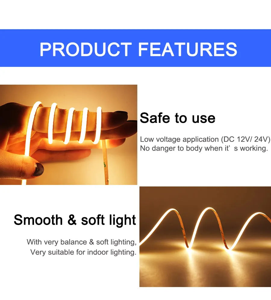 FOB COB LED Strip Lights  Flexible Dimmable LED Tape