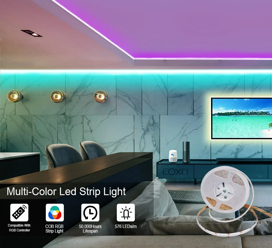 RGB COB LED Strip 576 LEDs/m High Density Flexible Dimmable