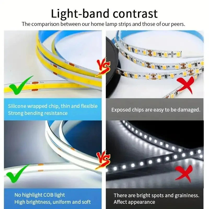 5V COB Strip Lights Switch Control USB Flexible Diode Tape