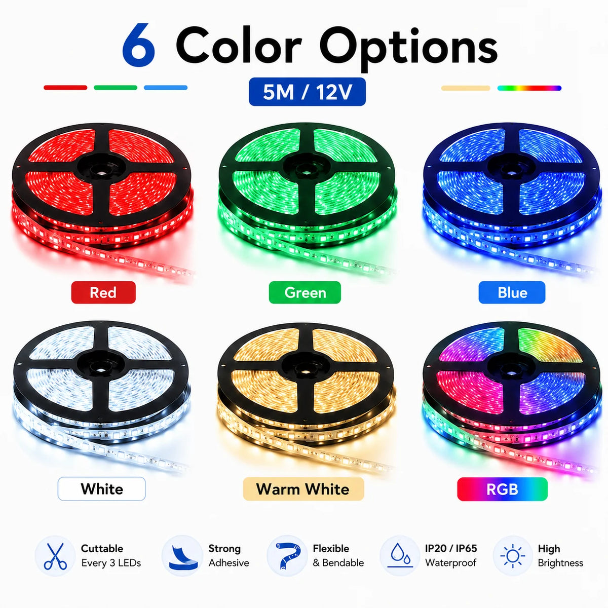 5M 12V LED Strip Light 3528 5050 SMD LED Tape RGB