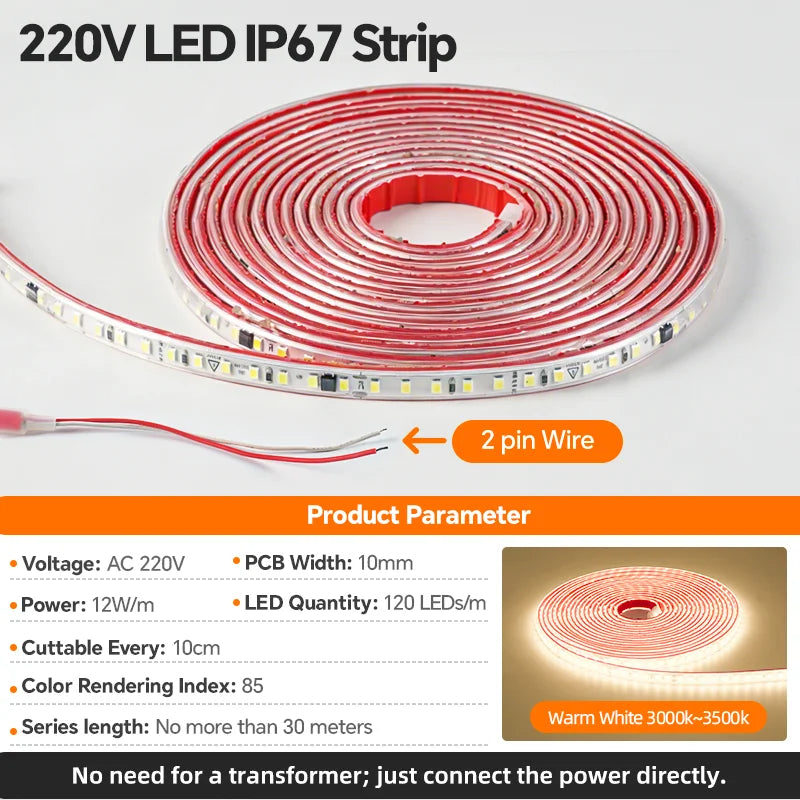 AC 220V LED Strip Light Waterproof Flexible Ribbon Tape