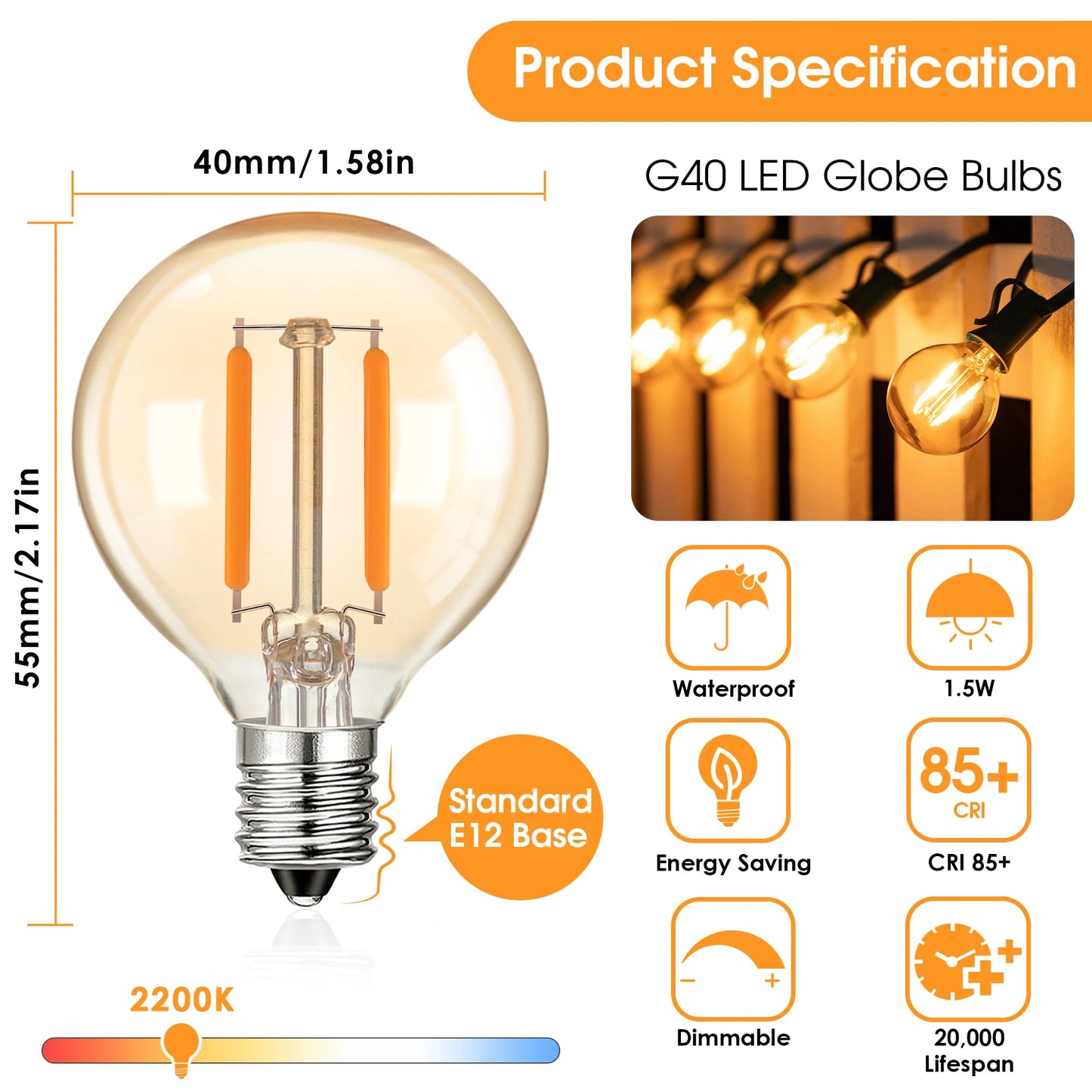G40 Decoration Outdoor LED String Lights Amber Glass Bulb