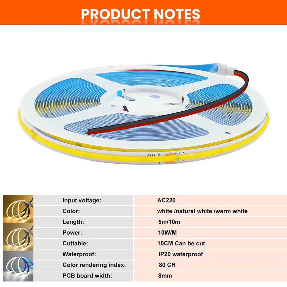 220V 110V COB LED 5m 10m 20m 50m Strip Light 2pin Power Kit