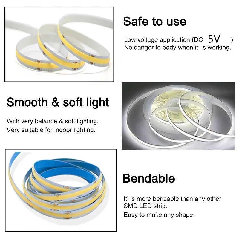 320Leds/M 8mm COB LED Strip DC 12V 24V Flexible High Bright Tape